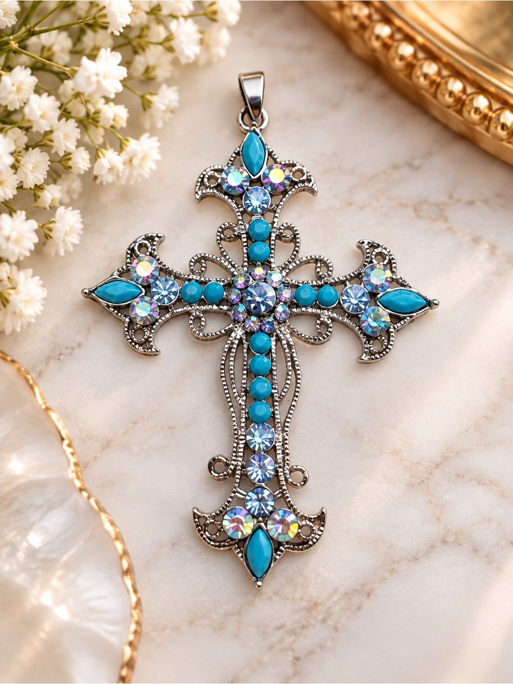 18KGP Ornate Turquoise Blue Crystal Cross Pendant Statement Jewelry